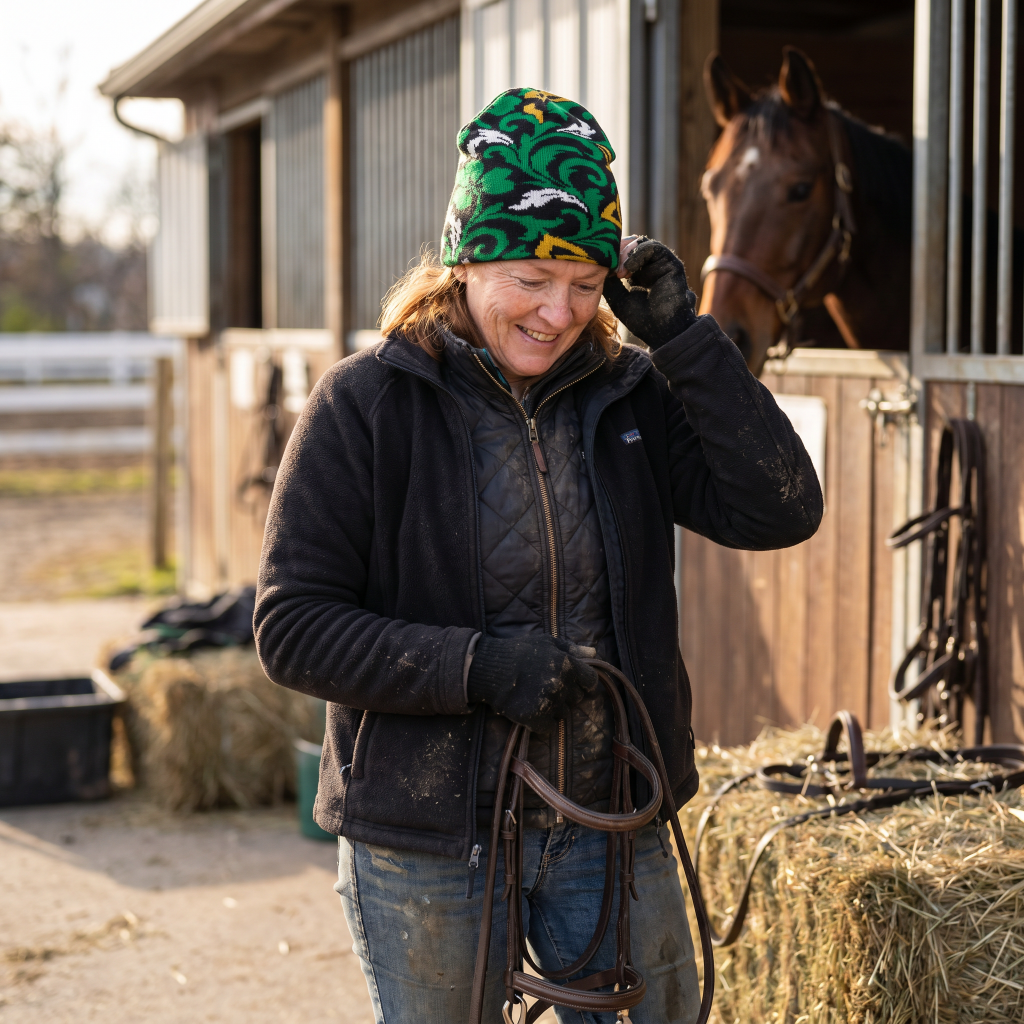 Person standing next to a horse in a stable area, holding reins, weating a celtic beanie