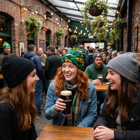 Three women laughing together at a pub, one holding a Guinness beer.