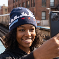 woman wearing chicago beanie