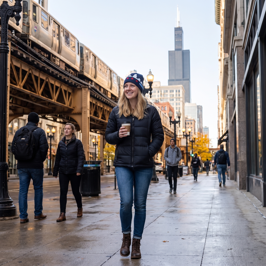 woman walking wearing chicago  beanie