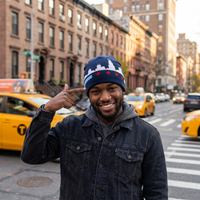 man wearing chicago themed beanie pointing