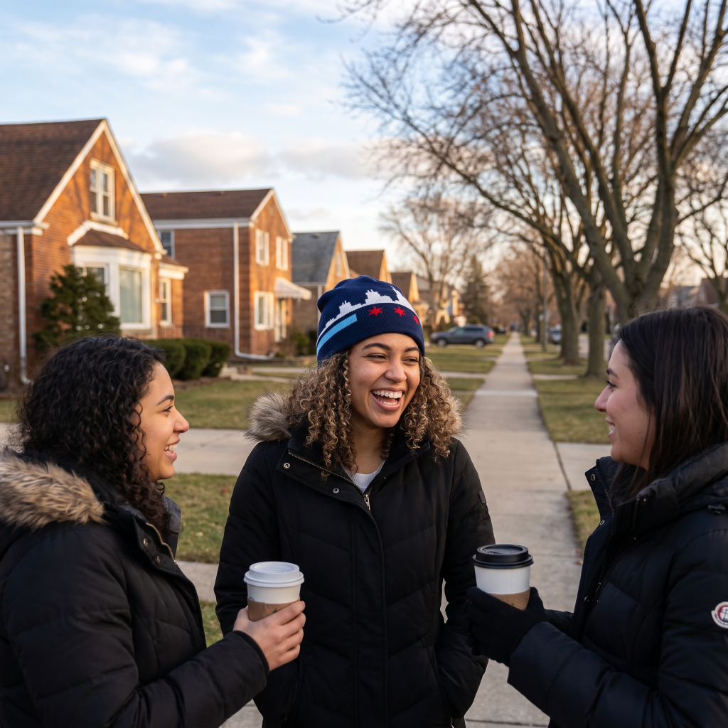 3 girls, one wearing chicago beanie