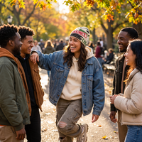 A group of young friends laughing and socializing outdoors in a park with autumn trees. The central person is smiling broadly while wearing a blue denim jacket over a cream hoodie, a patterned beanie, and distressed gray pants.