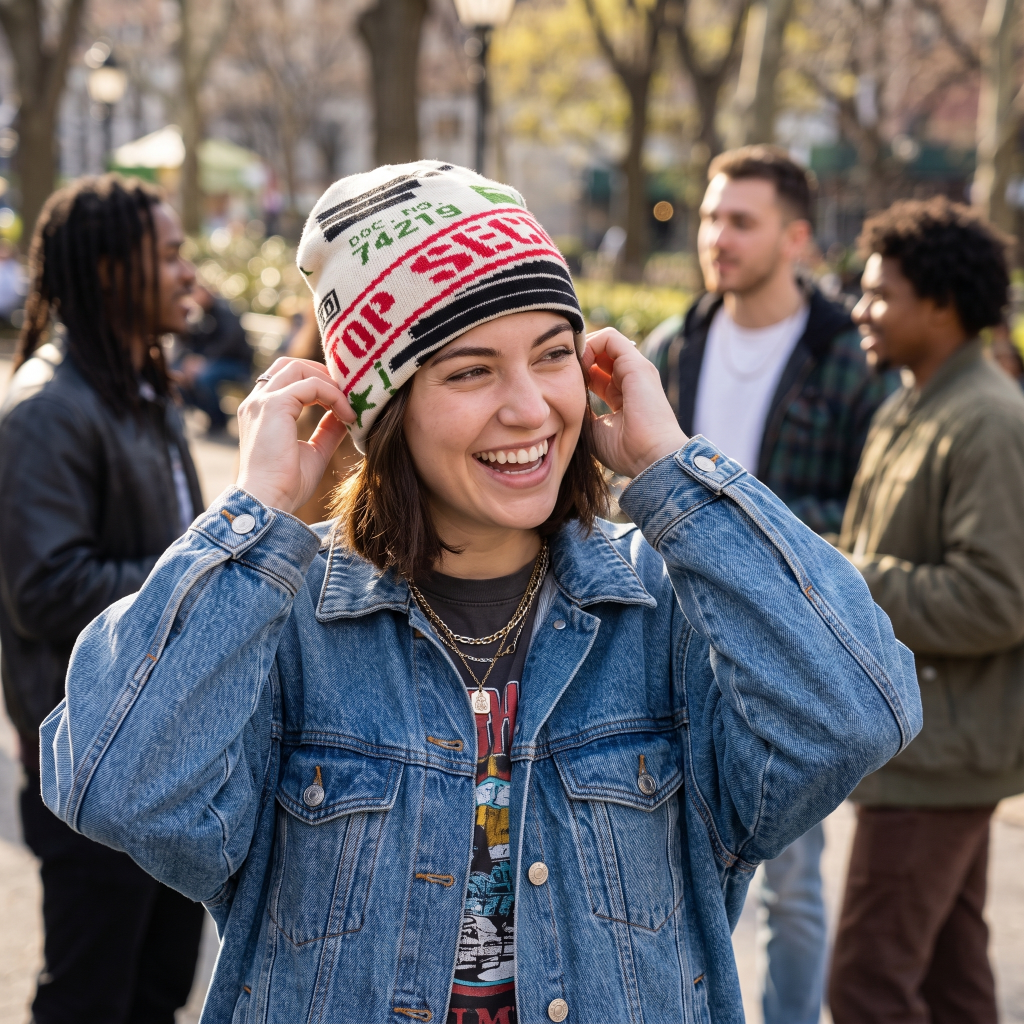 A woman in a blue denim jacket wearing a white knit beanie with red and black text, smiling in an outdoor park setting with blurred people in the background.