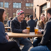 Three friends laughing and drinking beer at an outdoor patio table, with a brick building and other patrons in the background.