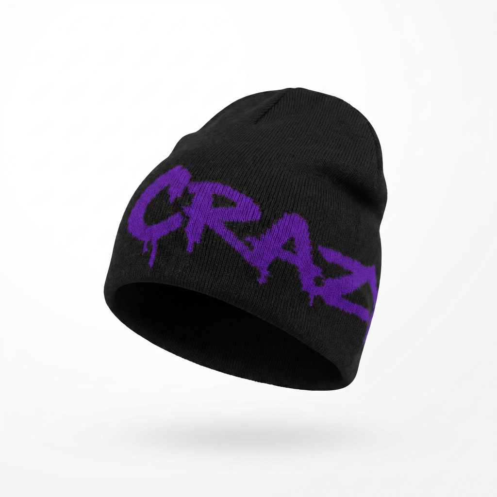 Black beanie with purple text on a white background