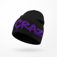 Black beanie with purple text on a white background