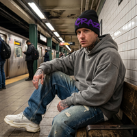 Man sitting on a subway platform wearing a gray hoodie and black beanie with 'CRAZY' written in purple.