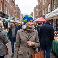 Woman in market wearing globe beanie and tweed jacket