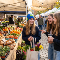 Girl with friends holding bag and wearing earth beanie with pom