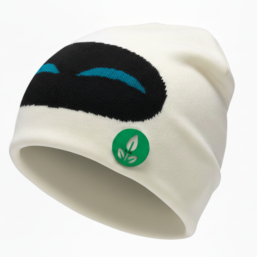 White beanie with black and blue design and green logo on a white background