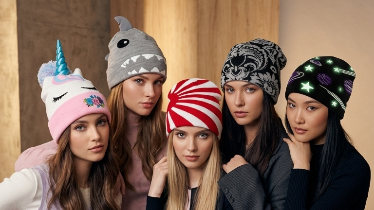 5 girls all wearing Crazy beanies