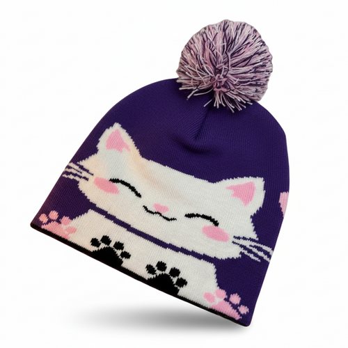 Purple knit beanie with a cat design and pink pom-pom on a white background