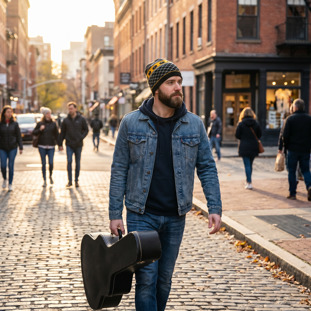 Man in denim carrying guitar case
