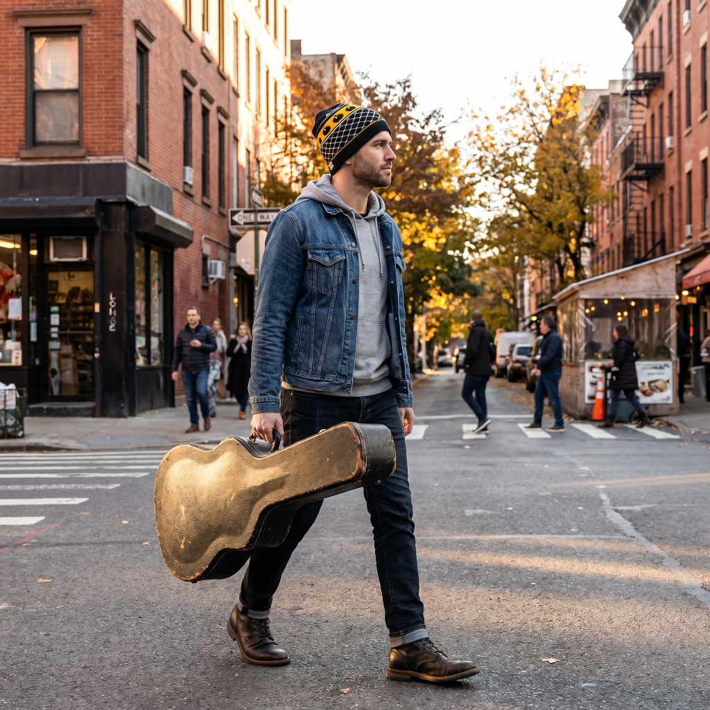 Man carrying guitar case wearing beanie