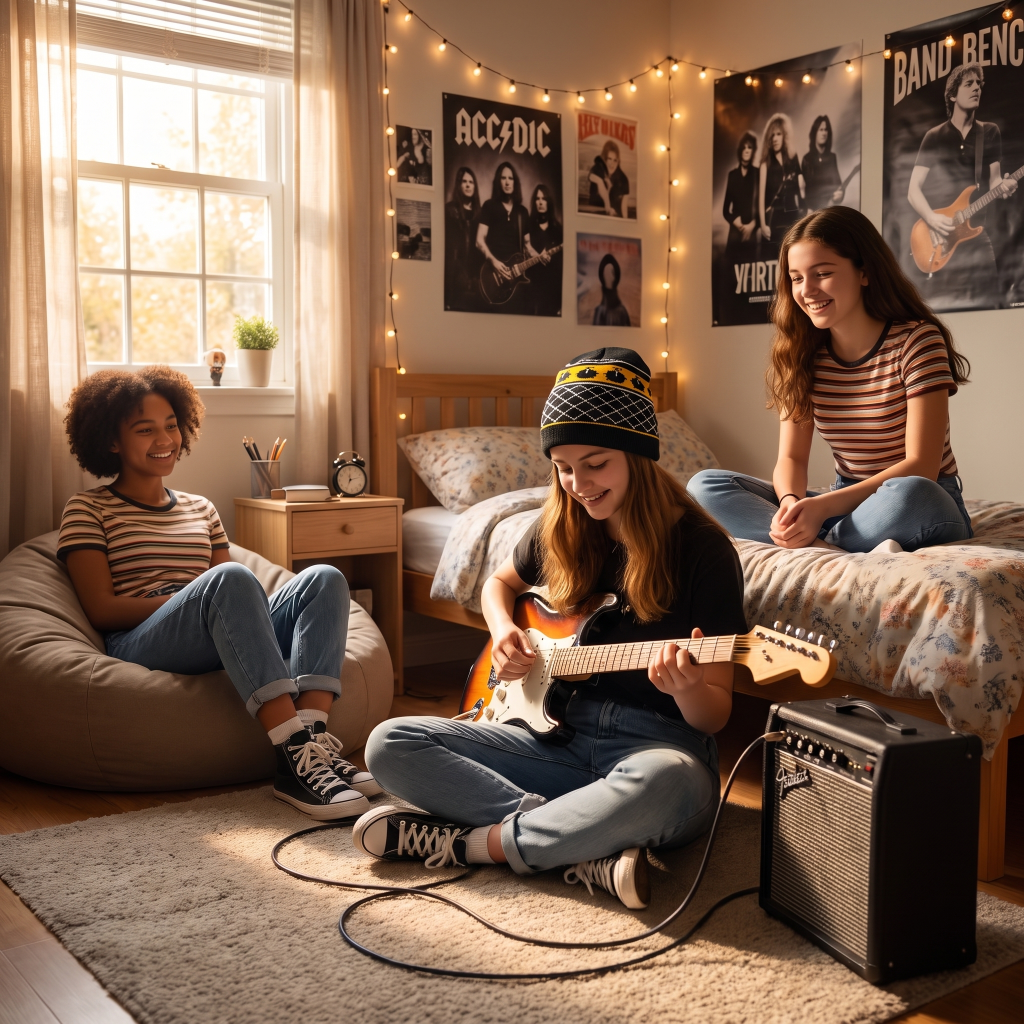 3 teens in room one is playing guitar on floor