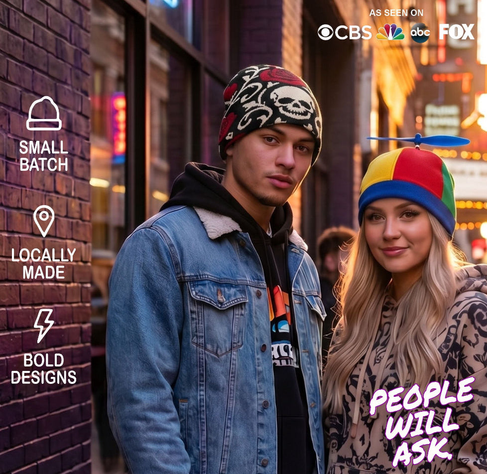 two people wearing crazy beanies