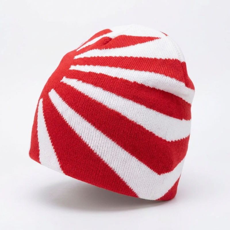 Red and white striped beanie on a light gray background