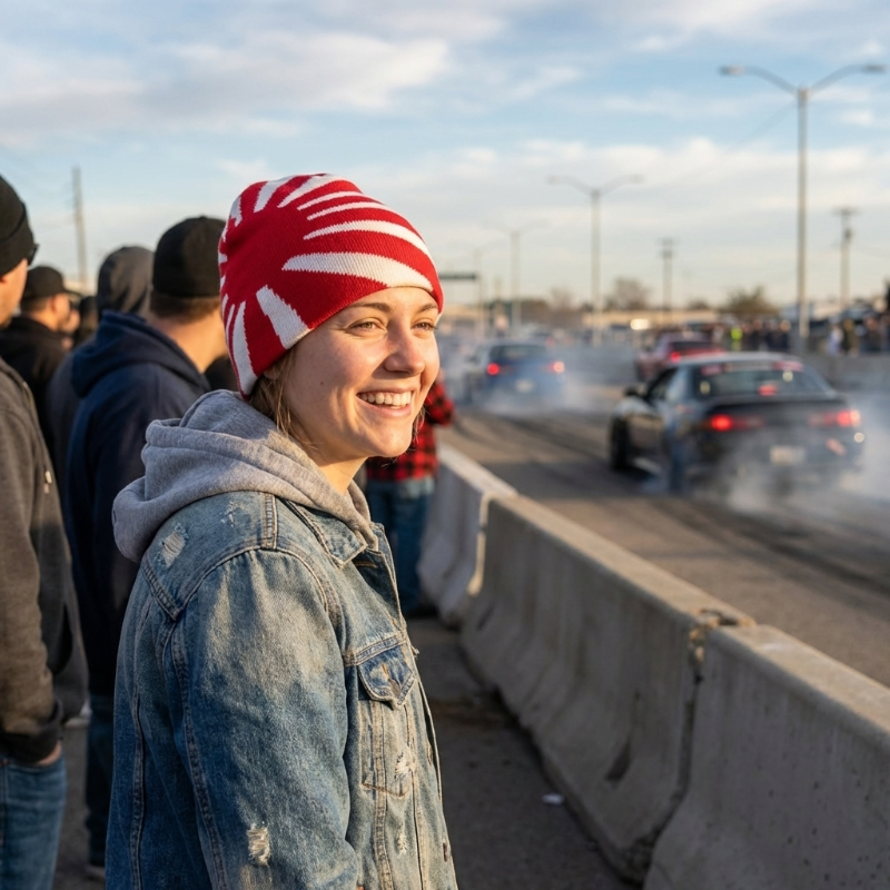Person wearing a red and white beanie with a pattern, standing on a bridge with cars and people in the background.