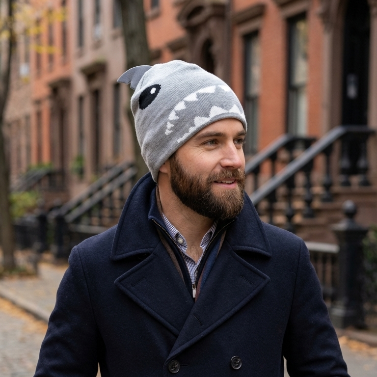 Man wearing a navy peacoat and gray beanie standing on a street with brick buildings.