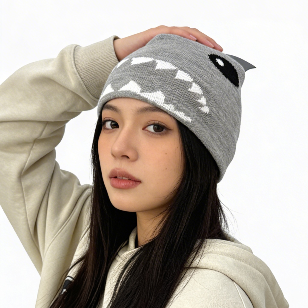 Person wearing a gray beanie with a shark mouth design and a beige hoodie with black text.