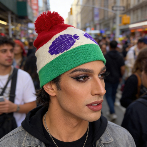 Person wearing a colorful beanie in a busy urban setting