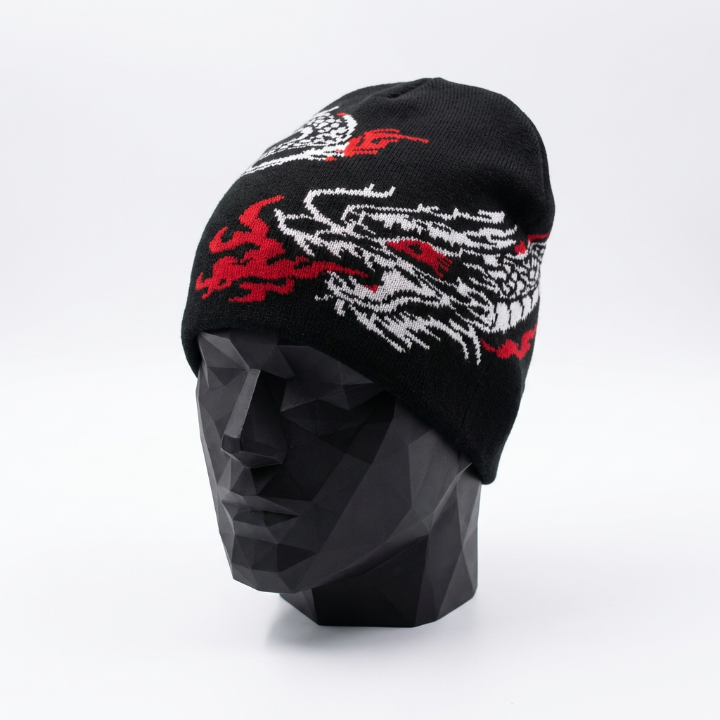 Black beanie with red and white dragon design on a mannequin head against a white background