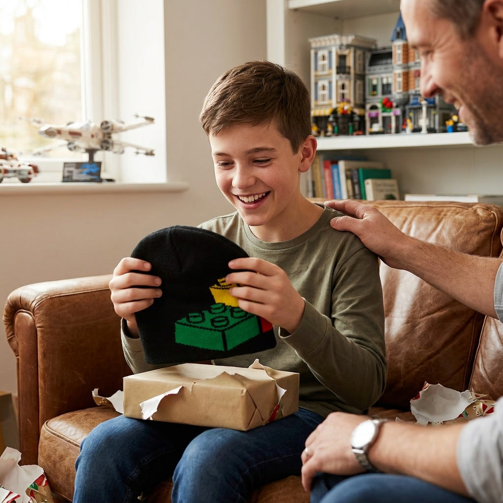 Boy receiving a gift from an adult on a couch, with toys in the background