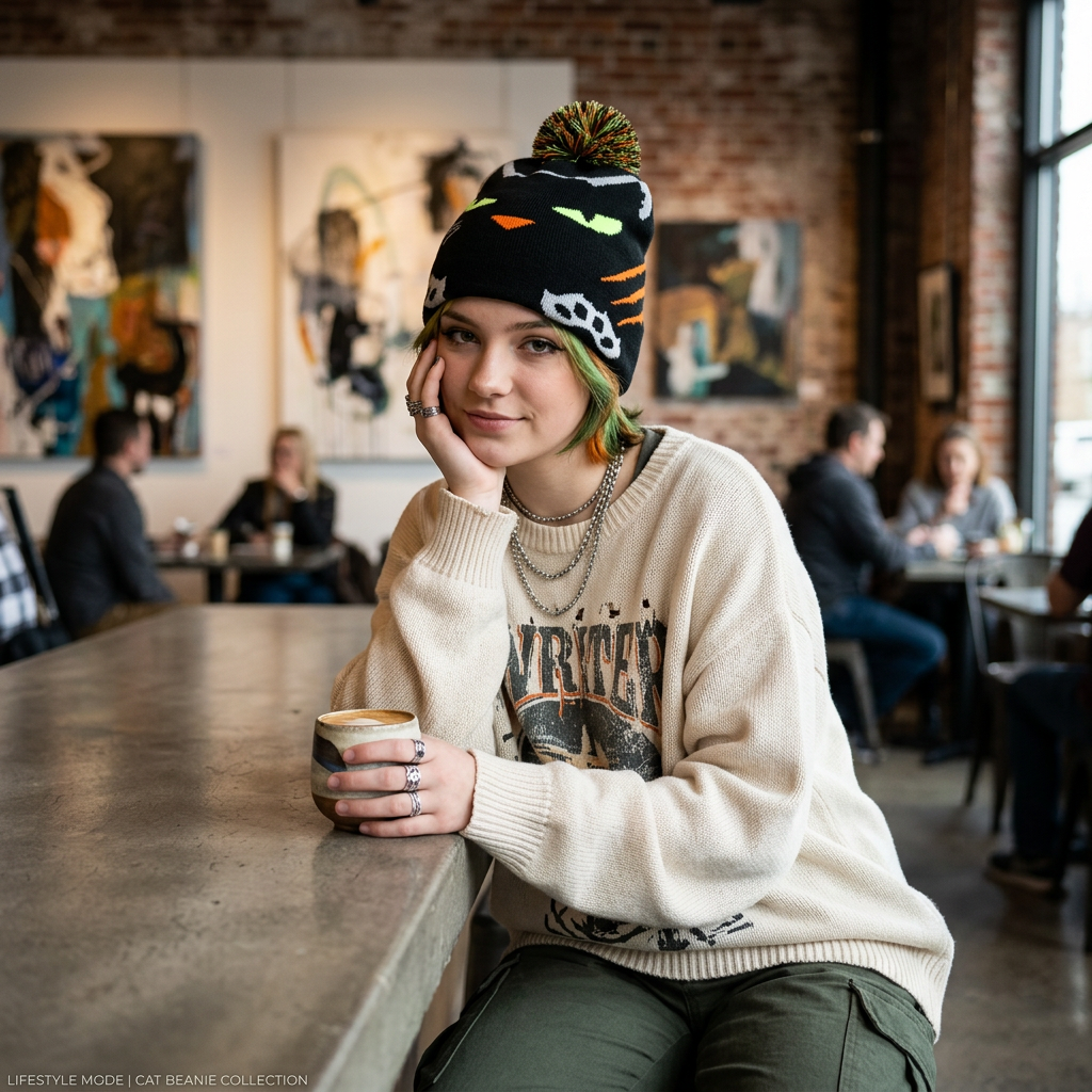 Person sitting at a table in a cafe wearing a colorful beanie and holding a coffee cup.