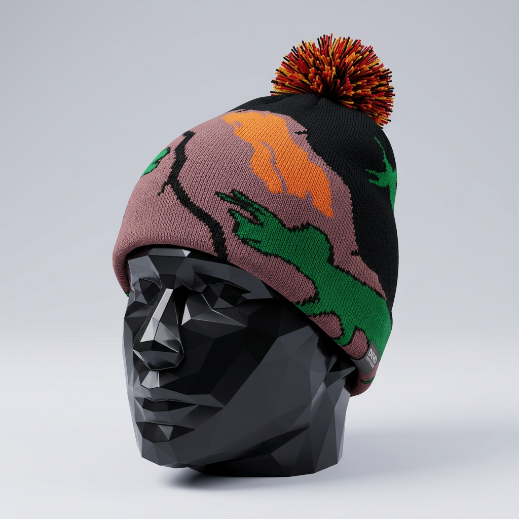 Colorful knit dinosaur beanie on a mannequin head