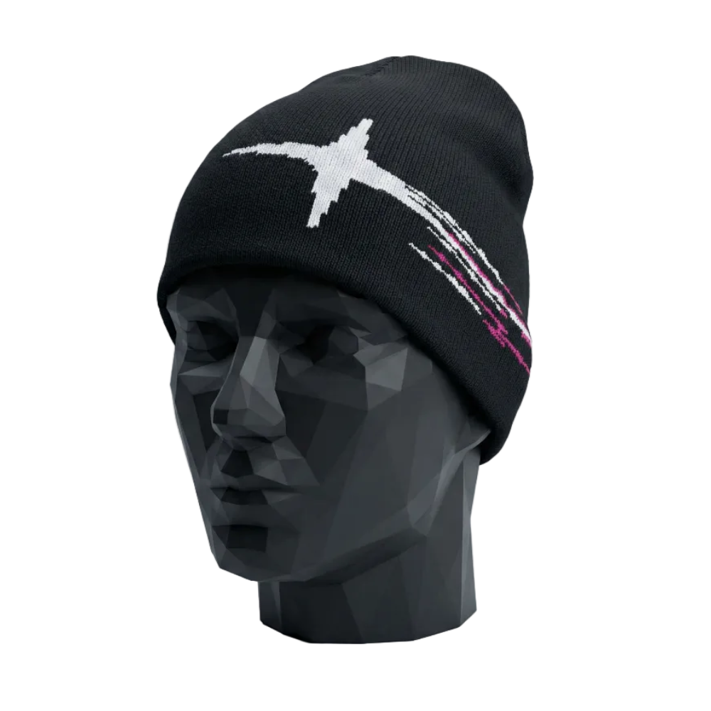 Black beanie with white and pink design on a black mannequin head against a gray background