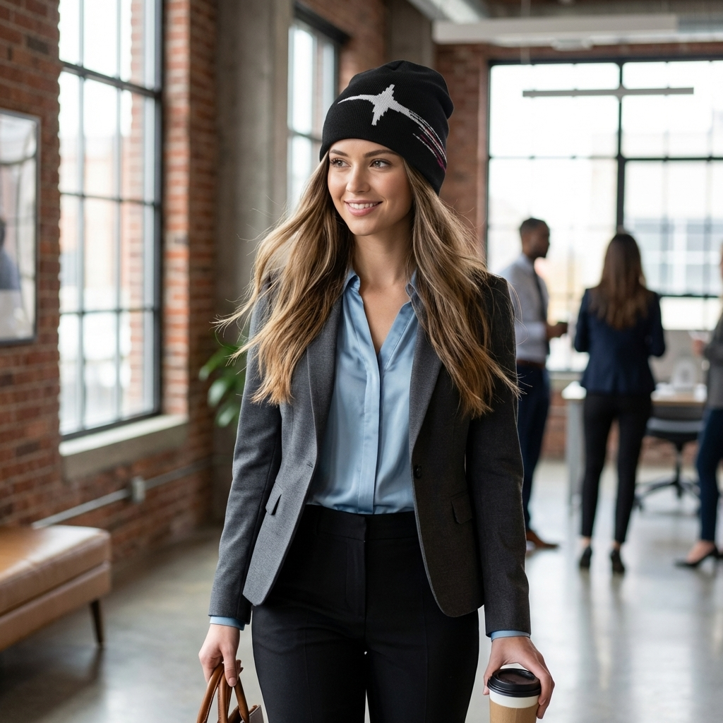 Woman in a professional setting wearing a black beanie and holding a coffee cup.