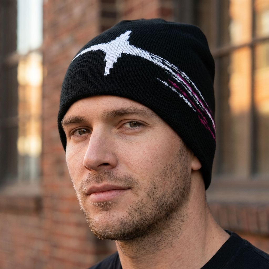 Man wearing a black beanie with a white star design against a blurred brick wall background