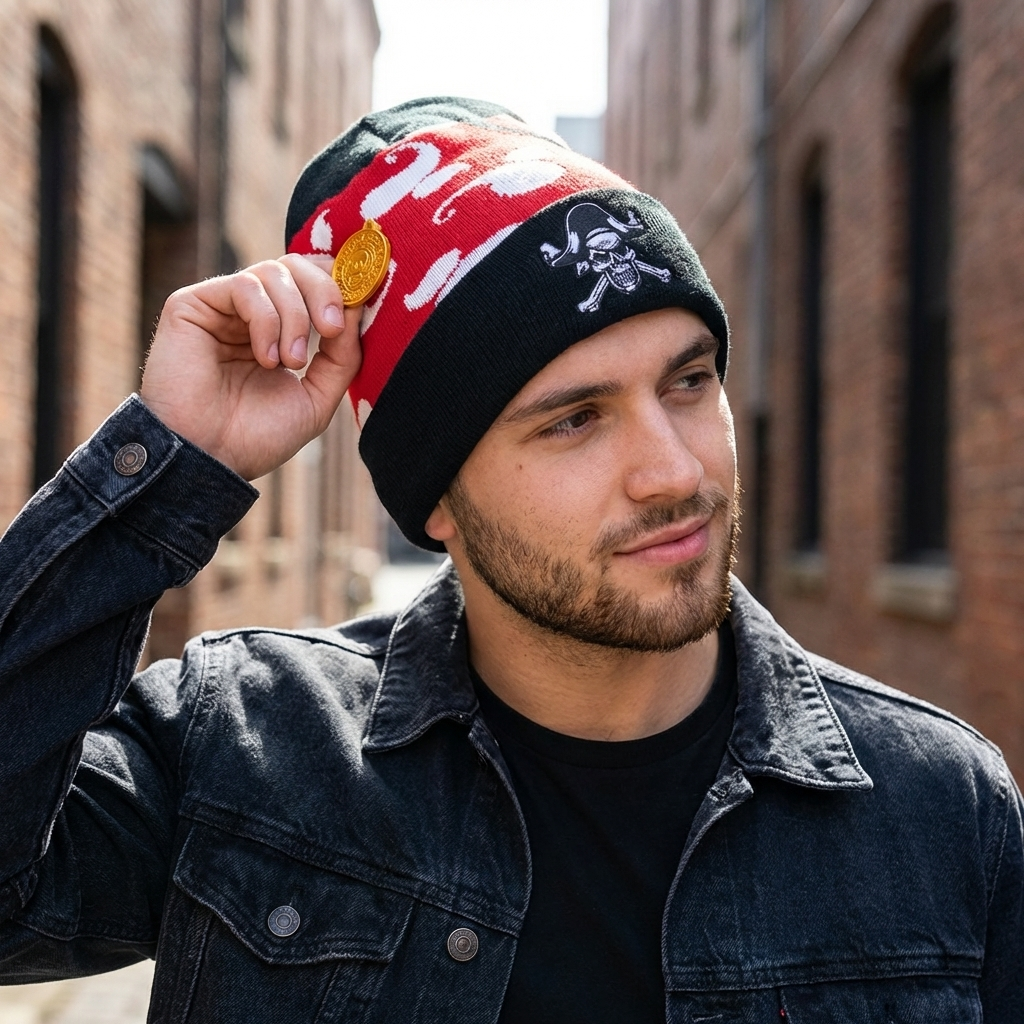 Man wearing pirate beanie and jacket