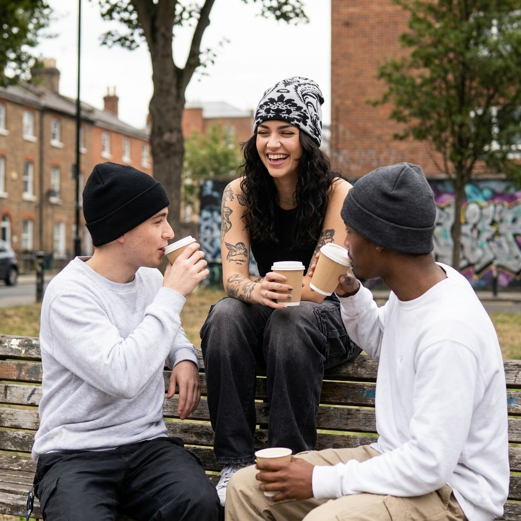 Three people sitting on a bench outdoors, drinking coffee.