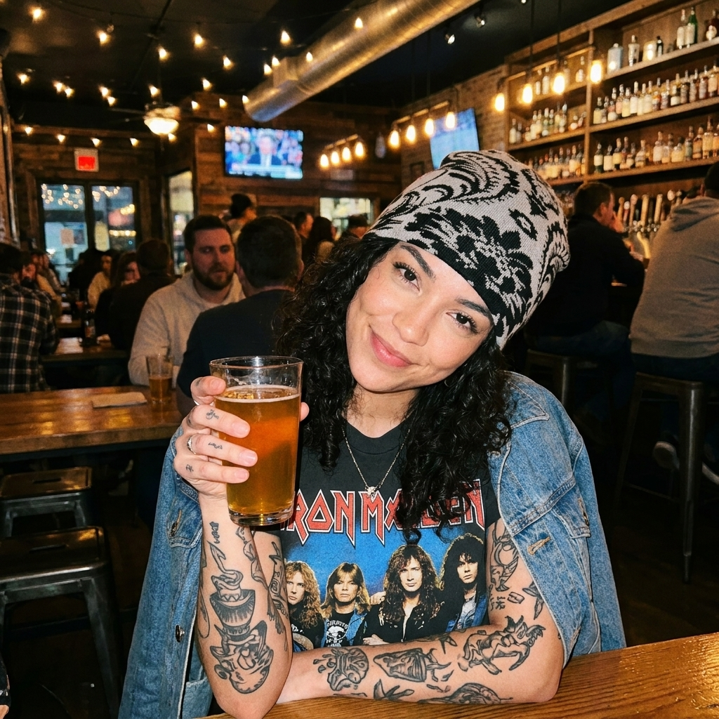 Person holding a beer in a bar setting