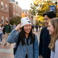 Three students on a college campus with brick buildings and trees in the background