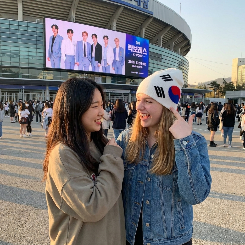 Two people posing in front of a large screen displaying a group of people, with a stadium in the background.
