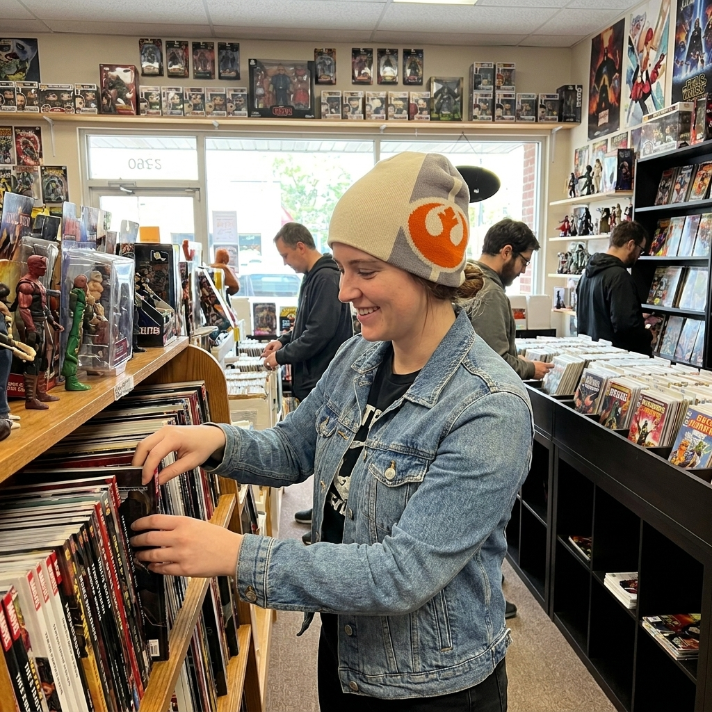 Woman browsing books in a store with shelves filled with various items