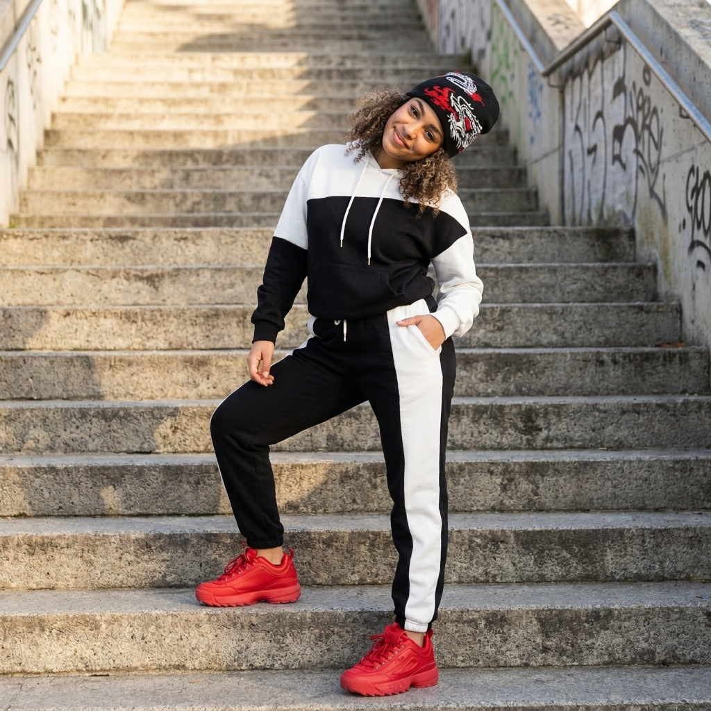 Person wearing a black, white, and red tracksuit with red shoes on stone steps.