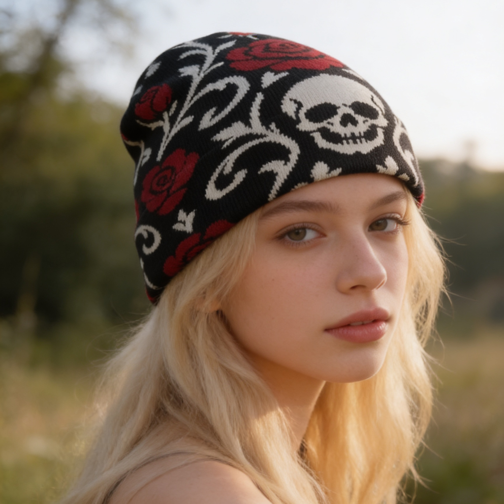 Woman wearing a black beanie with skull and rose patterns in a natural setting