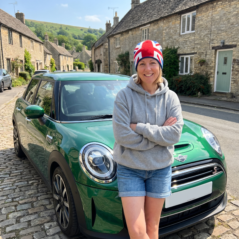 woman wearing union jack beanie
