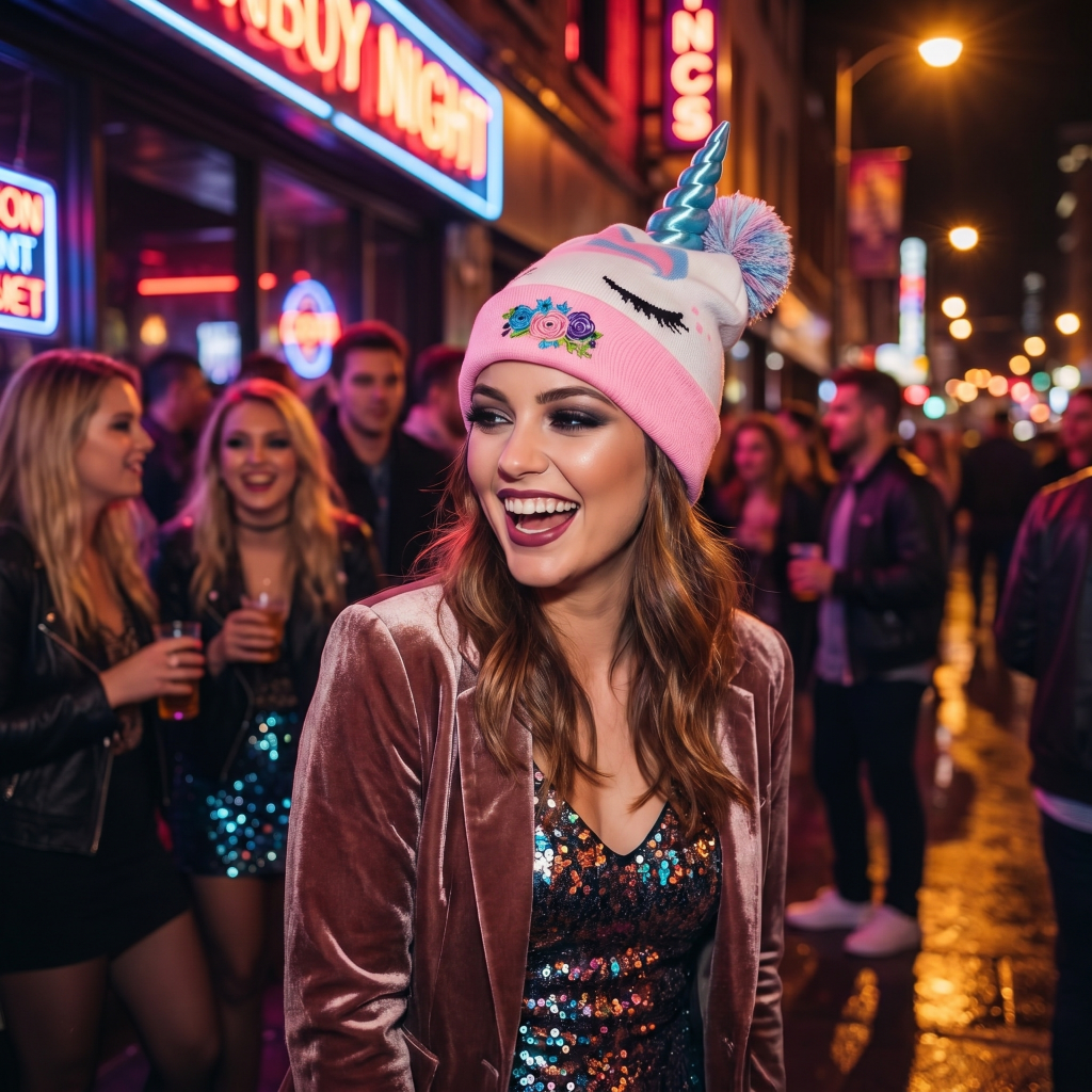 Woman wearing unicorn beanie in shiny top