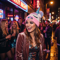 Woman wearing unicorn beanie in shiny top