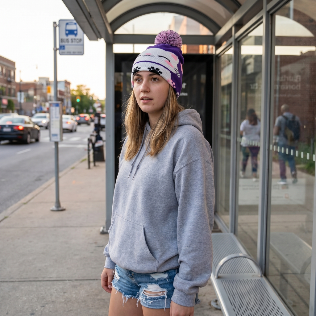 woman at bus stop wearing cat beanie