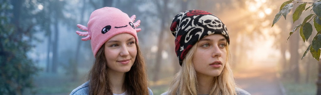 Two girls wearing axolotl and gothic beanies on a path