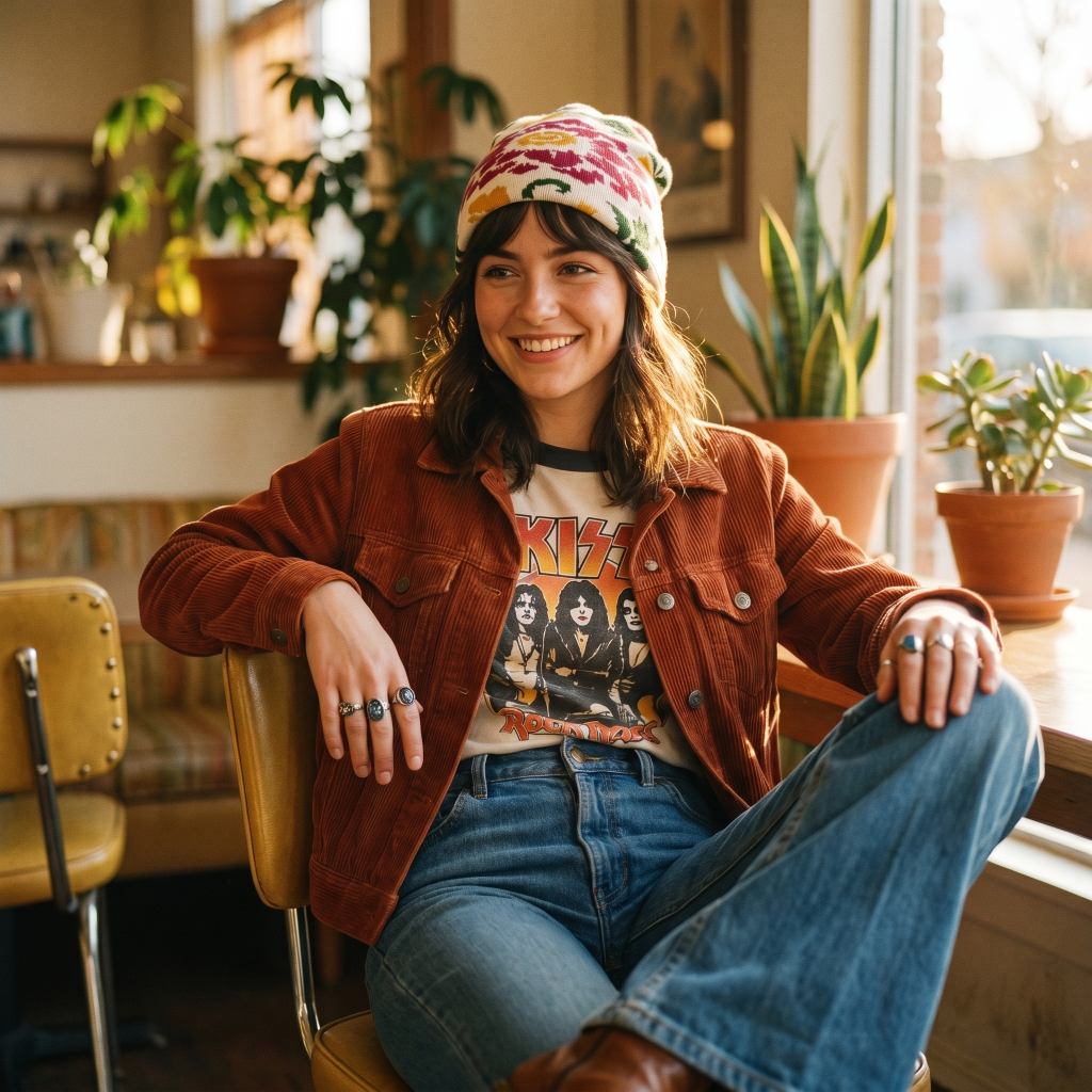 Person wearing a brown jacket and floral beanie, colorful band t-shirt sitting in a cozy room with plants.