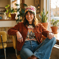Person wearing a brown jacket and floral beanie, colorful band t-shirt sitting in a cozy room with plants.