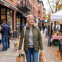 Woman walking a dog on a city street with a bakery and market stalls in the background