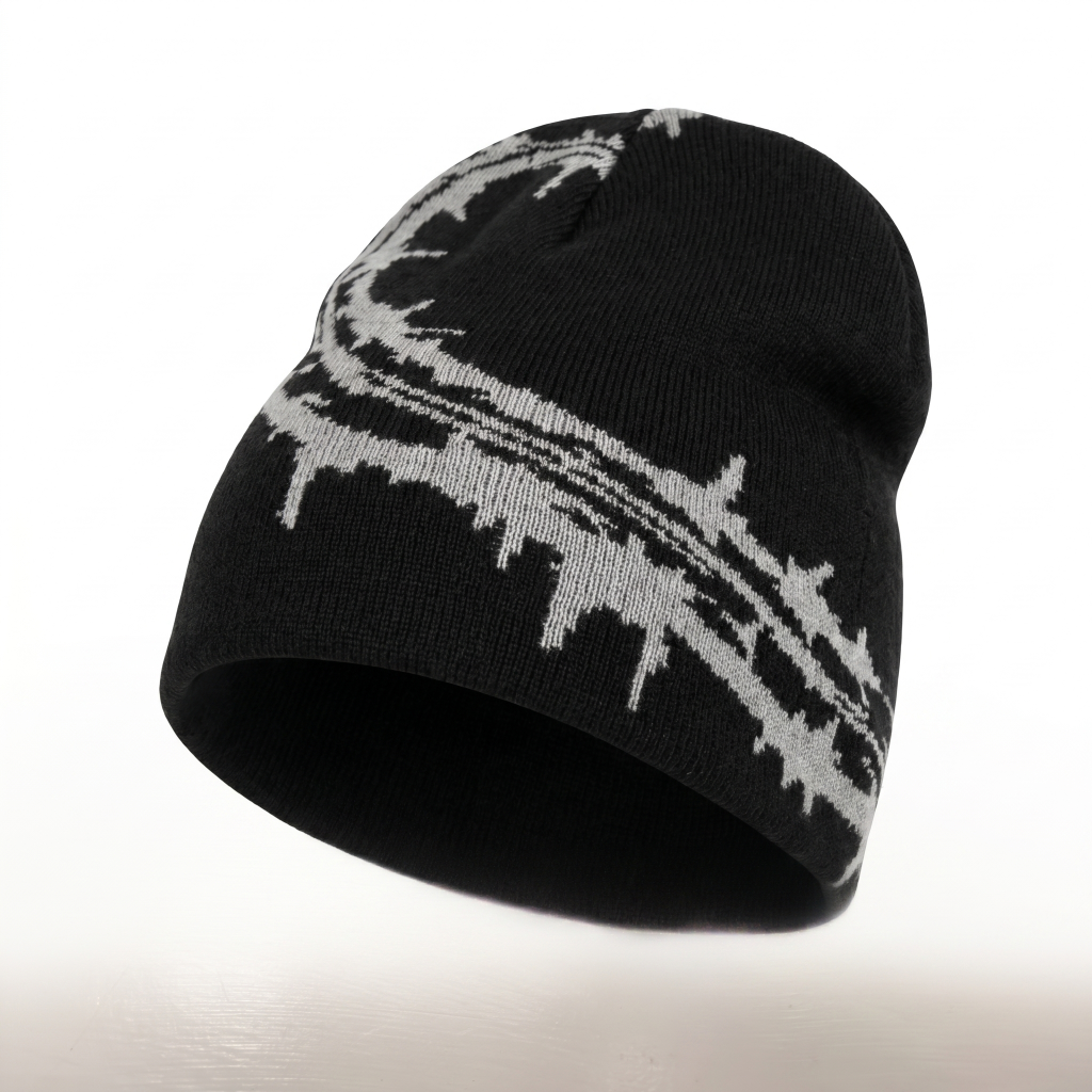 Black beanie with grey razor wire pattern on a white background